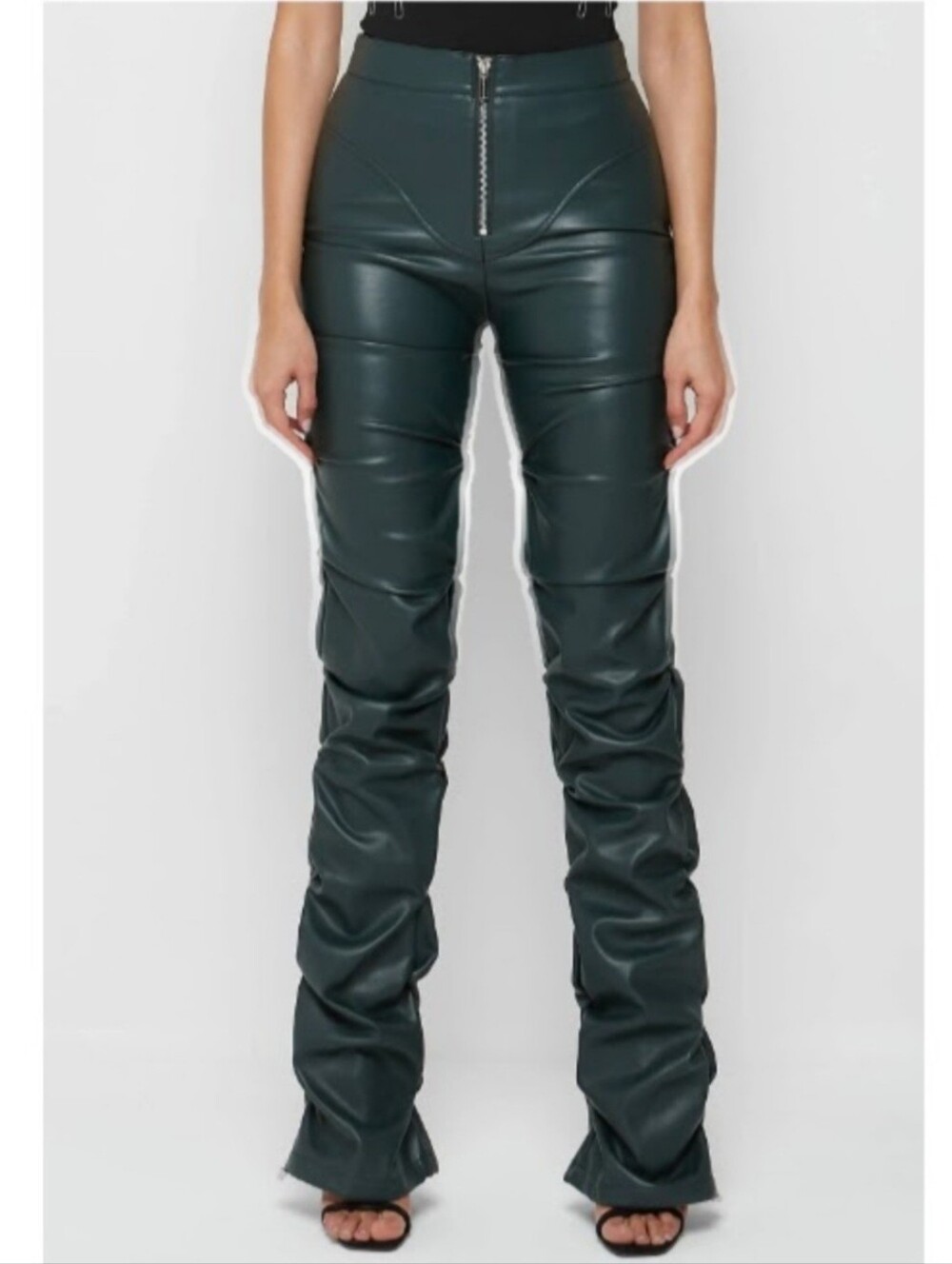 🖤💚Maniere De Voir Dark Green Tacked Vegan Leather Flared Trousers, Size 4
